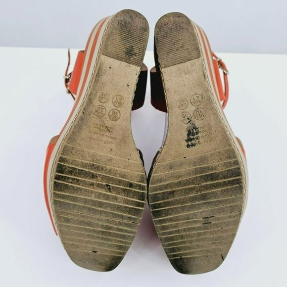 Malu Wedge Sandals 10 Super Comfort Orange Tan Stripe Tall Open Toe Ankle Straps - Picture 11 of 13